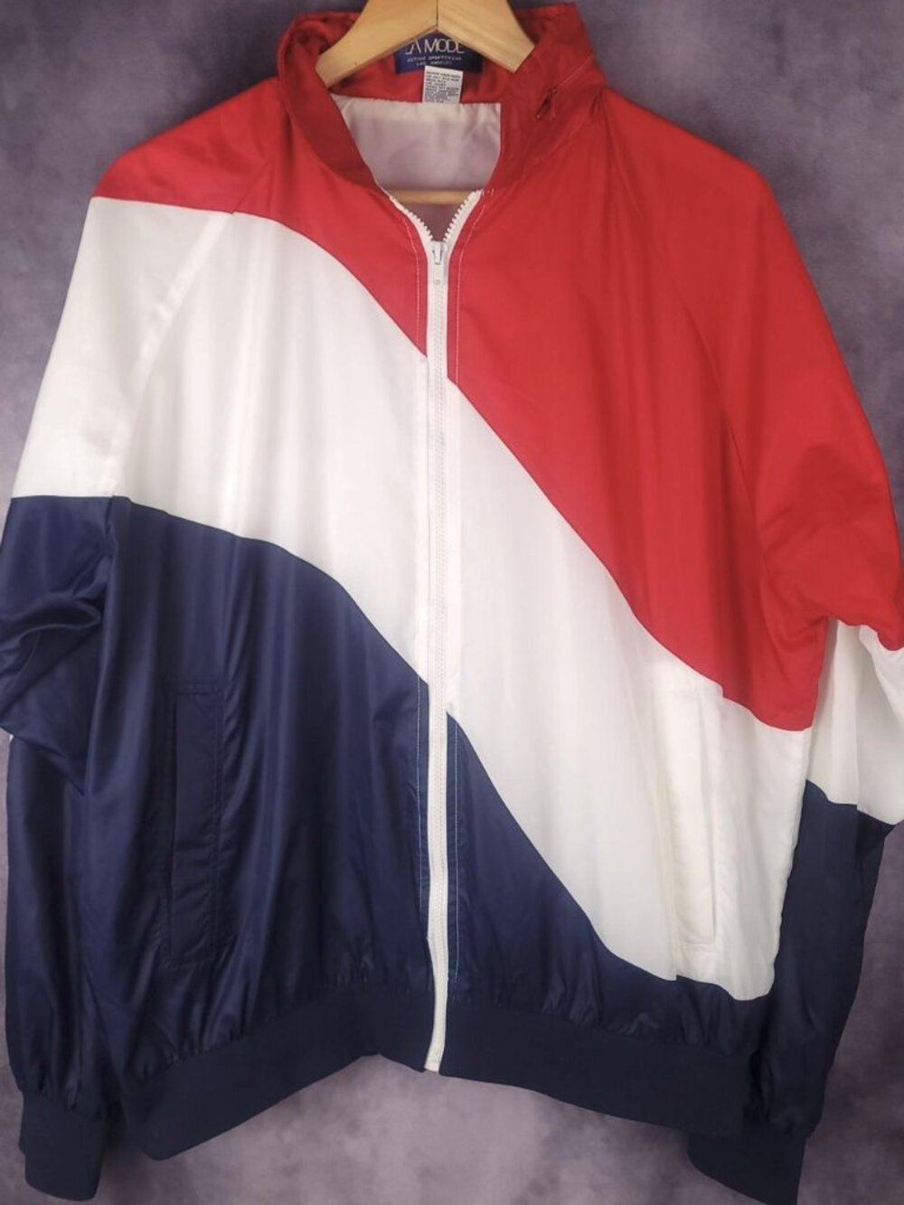 Vintage 80s LA Mode red, white, and navy blue colorblock windbreaker jacket